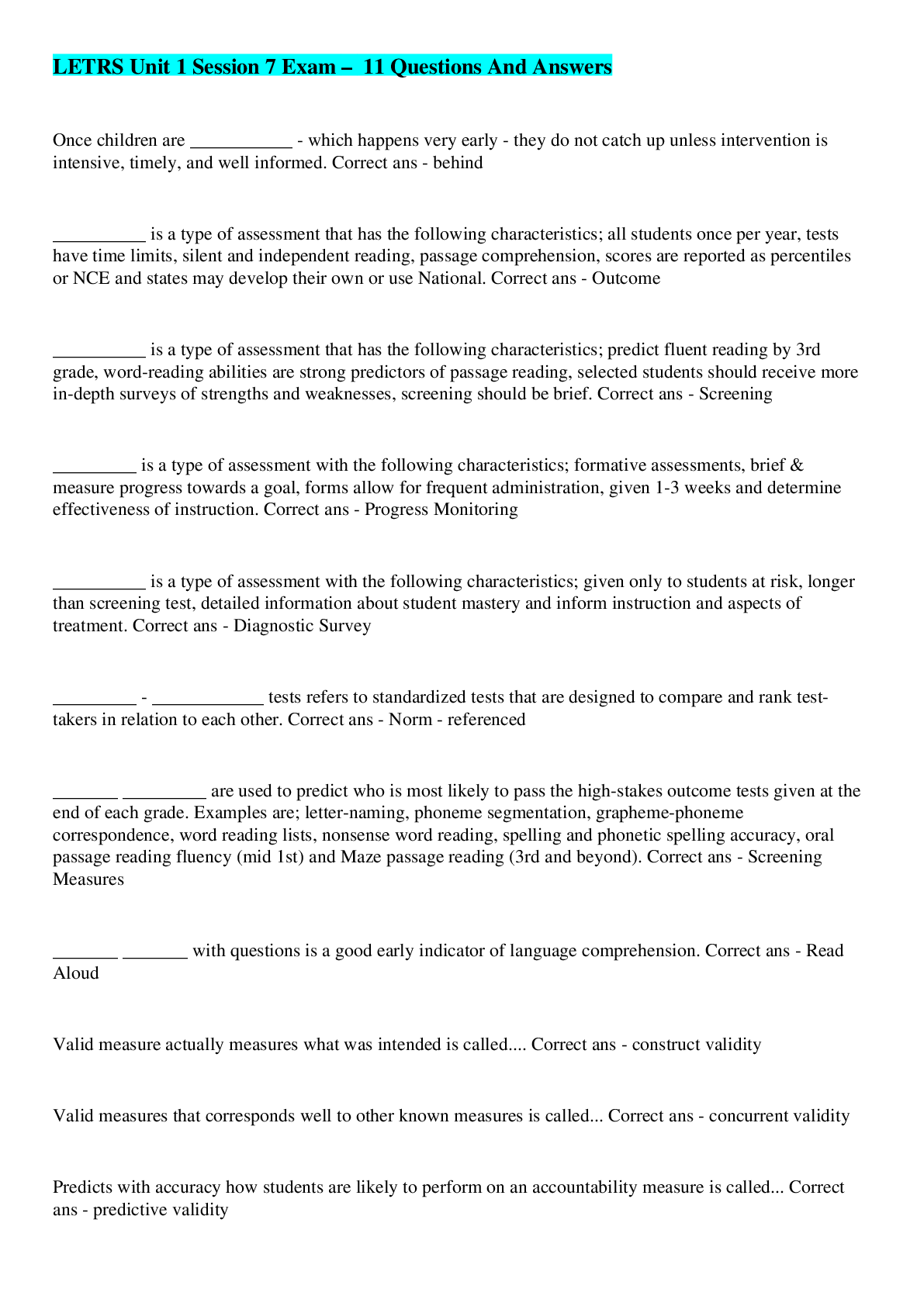 Preview image for LETRS Unit 1 Session 7 Exam –  11 Questions And Answers